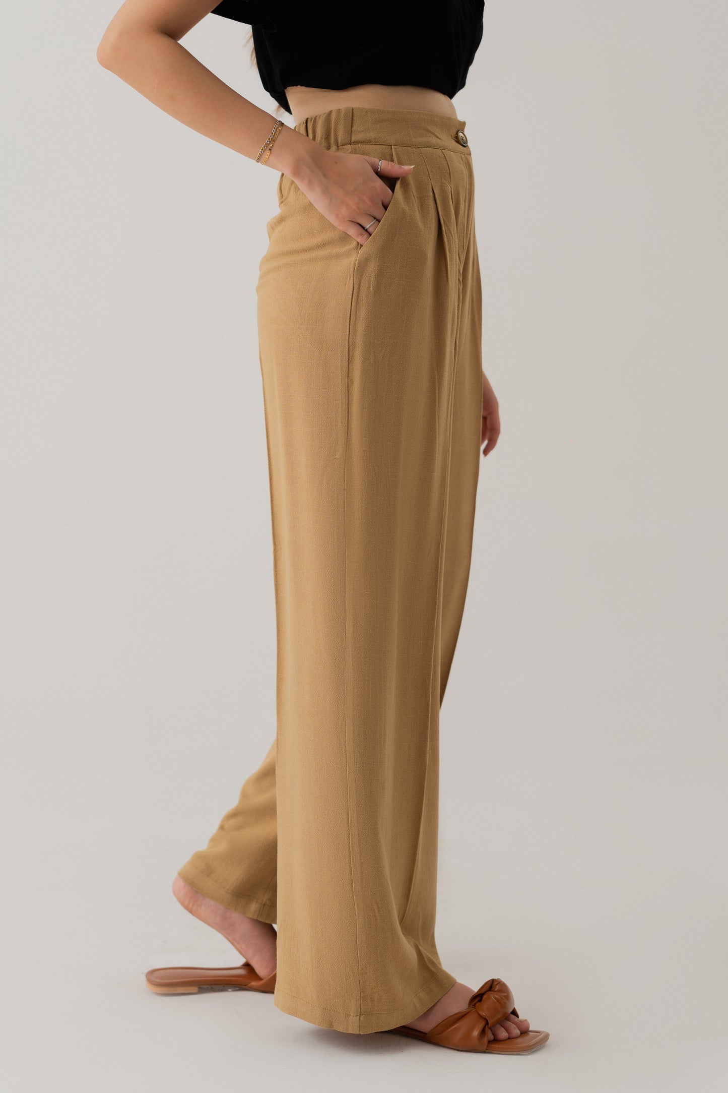 Taupe Linen Wide Leg Darted Trousers - Hustle N Holla