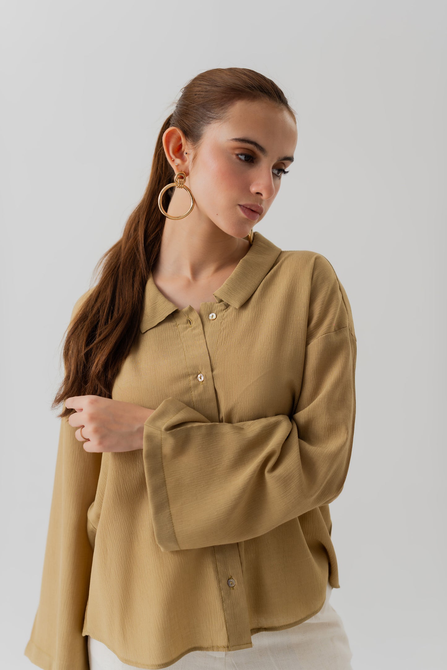 Muted Green Crinkled Chiffon Loose Fit Blouse - Hustle N Holla