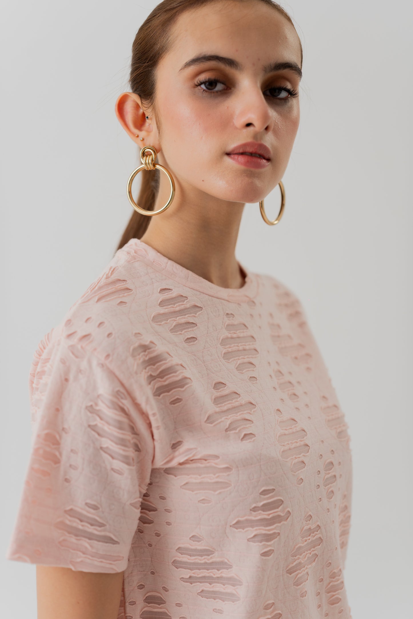 Light Pink Textured Cropped Regular Fit T-Shirt - Hustle N Holla