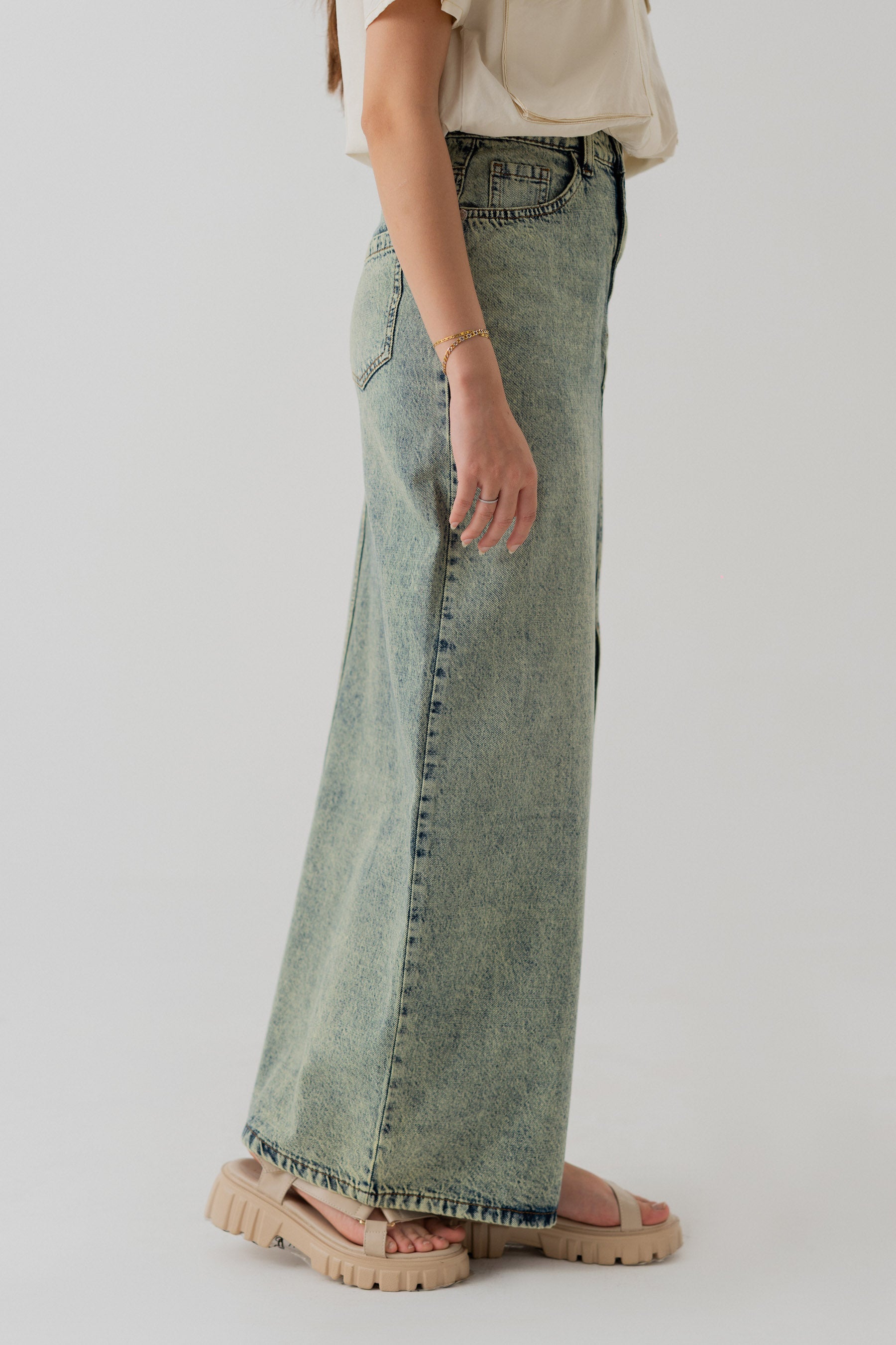 Acid Wash Denim Midi Skirt With Front Slit - Hustle N Holla