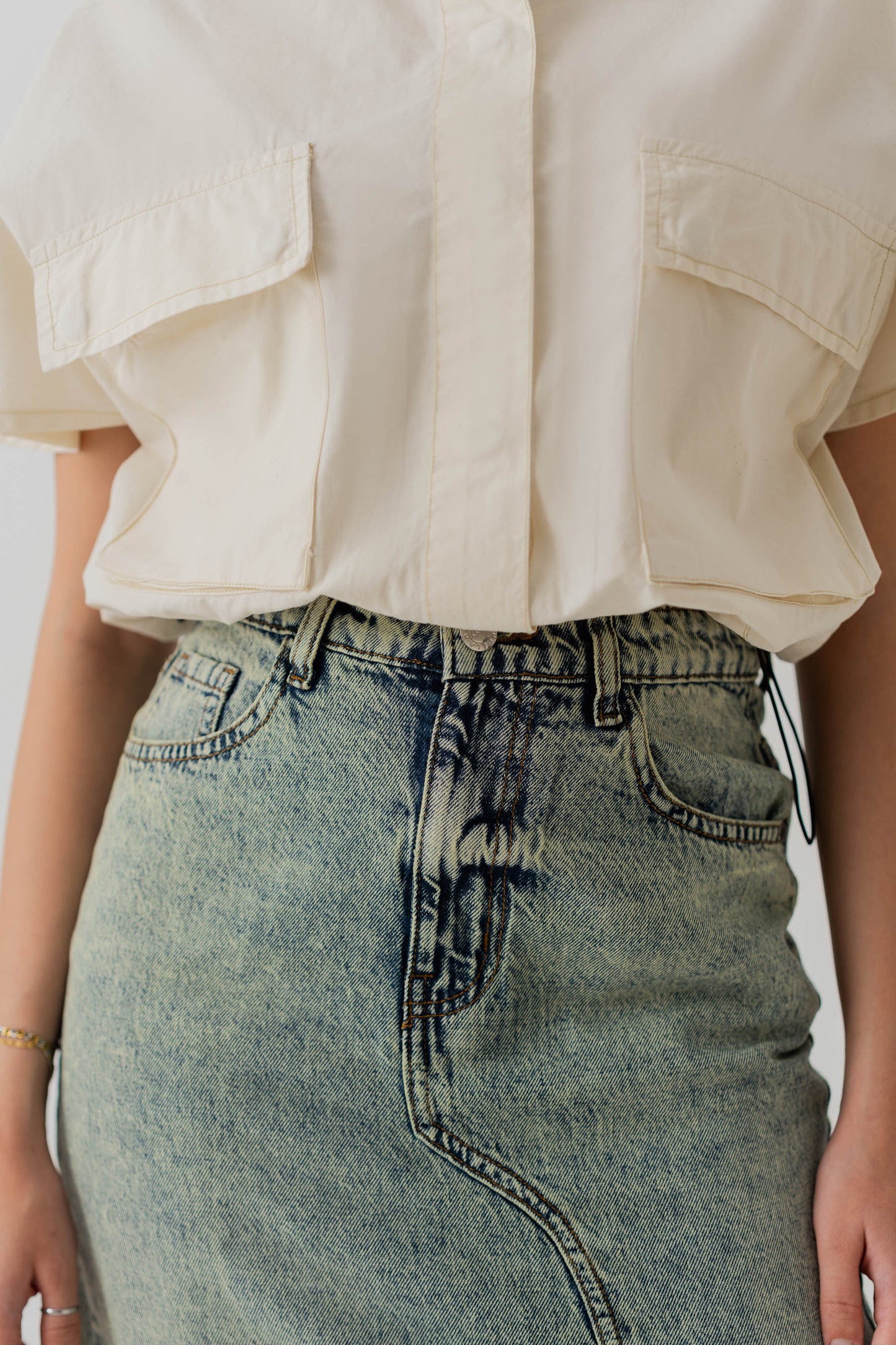 Acid Wash Denim Midi Skirt with Front Slit - Hustle N Holla