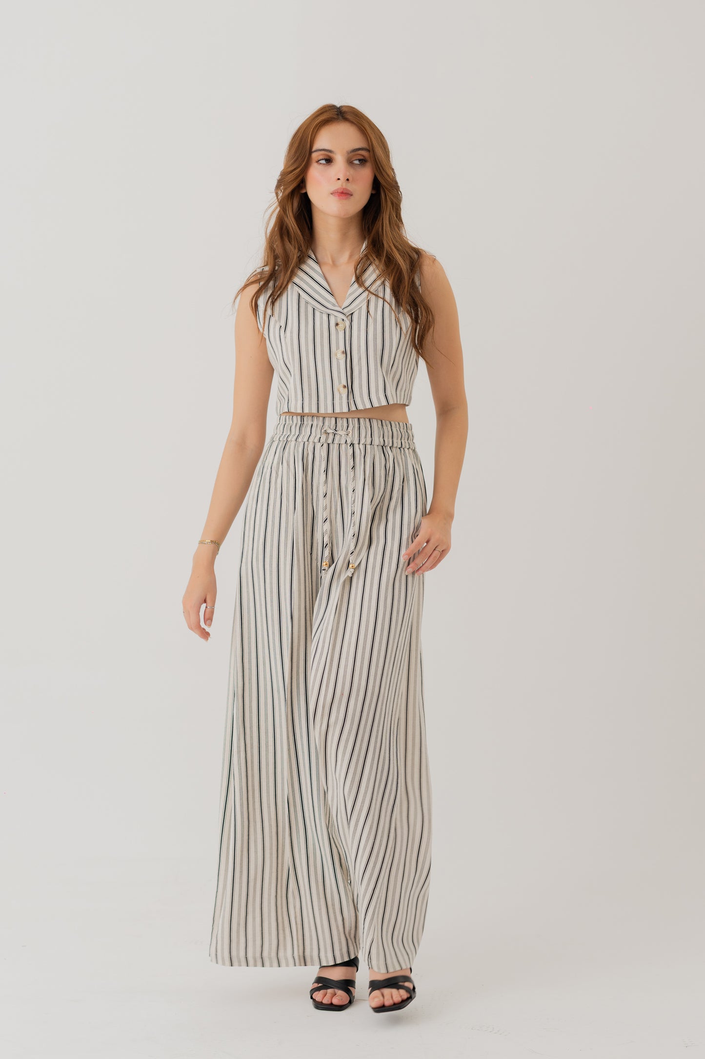 STRIPED LINEN SHAWL COLLAR CROPPED TOP - Hustle N Holla