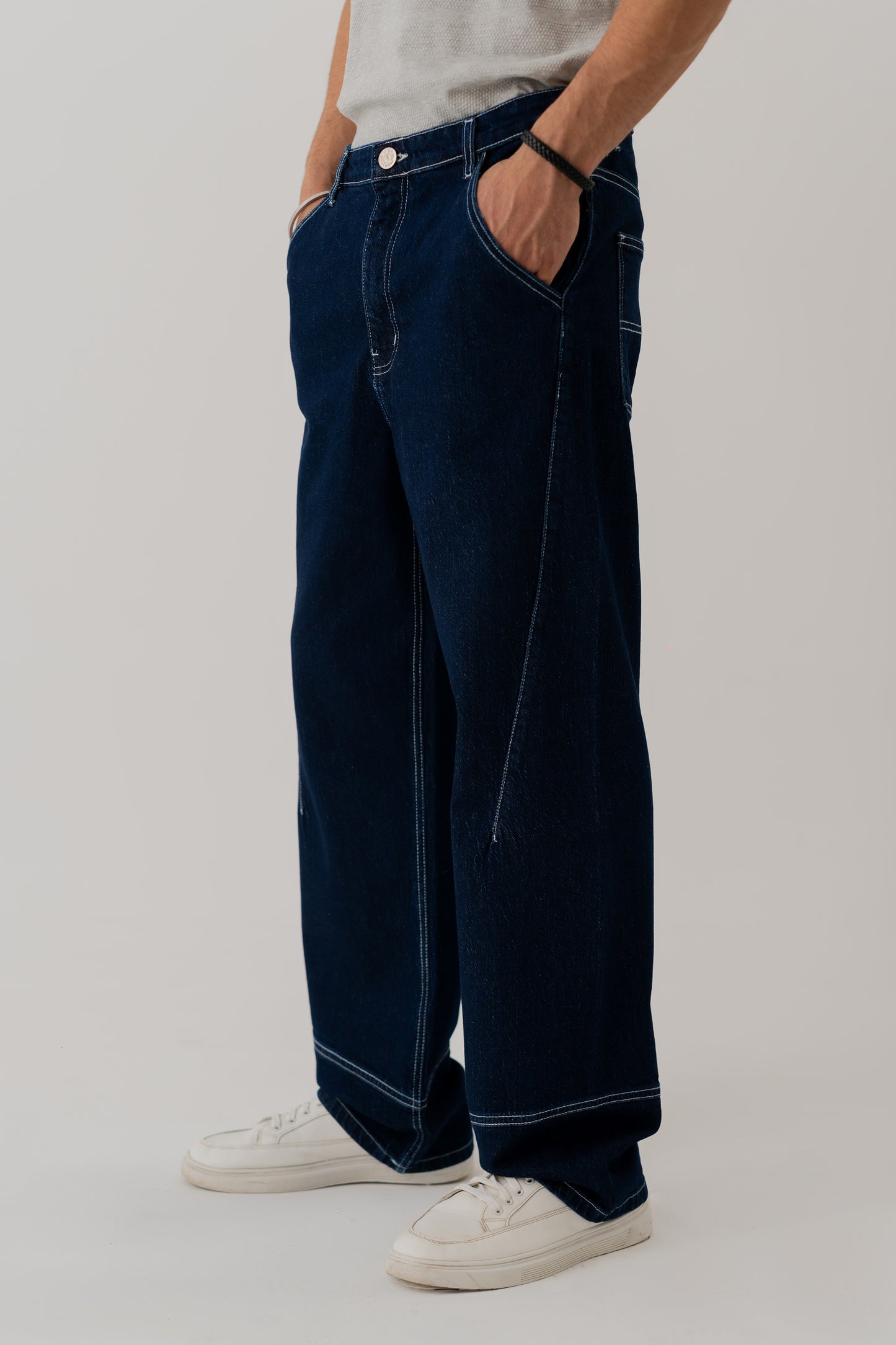 Indigo Wash Cut & Sew Baggy Fit Jeans - Hustle N Holla