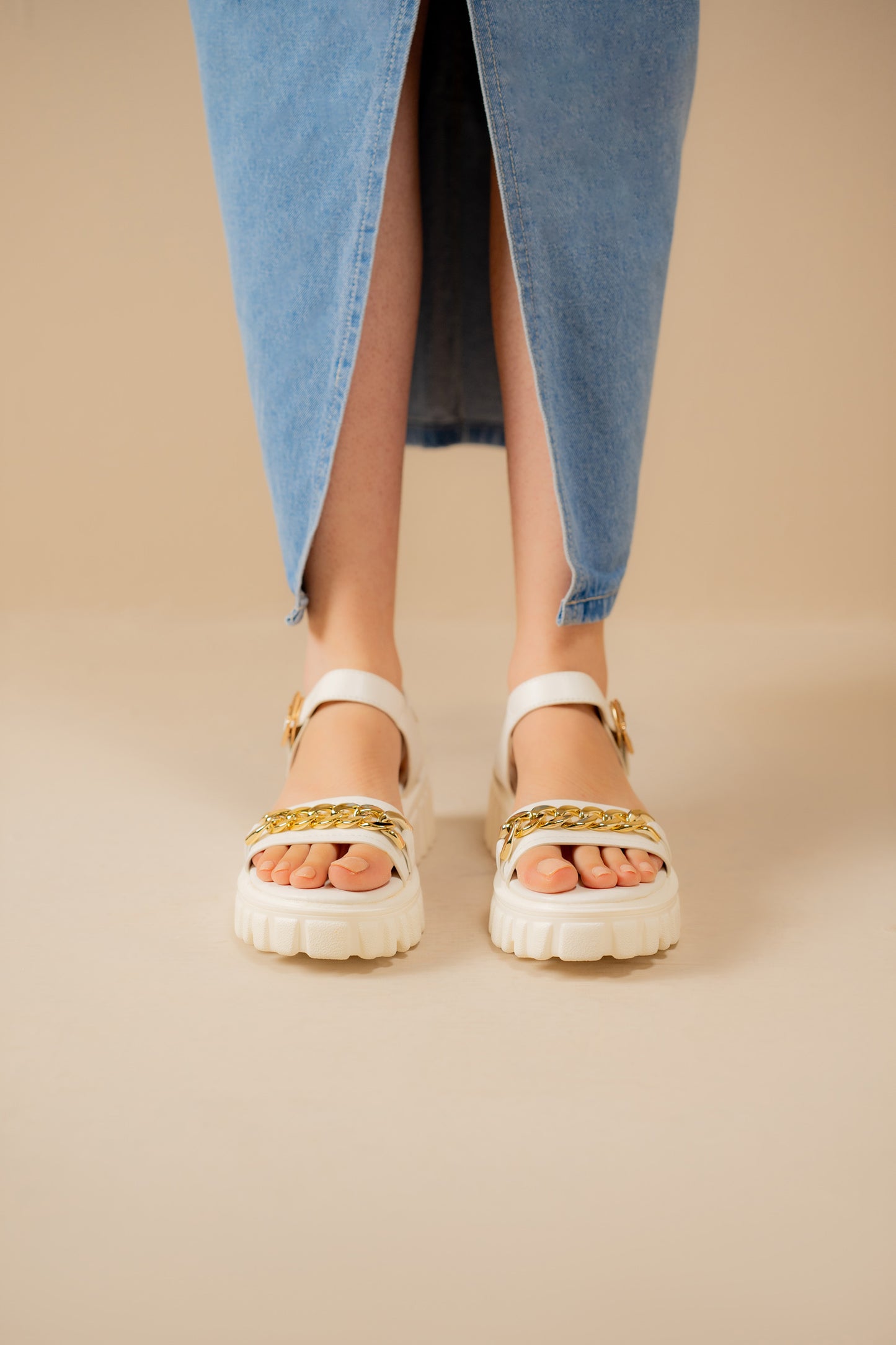 White Black Chunky Sandals with Chain Detail