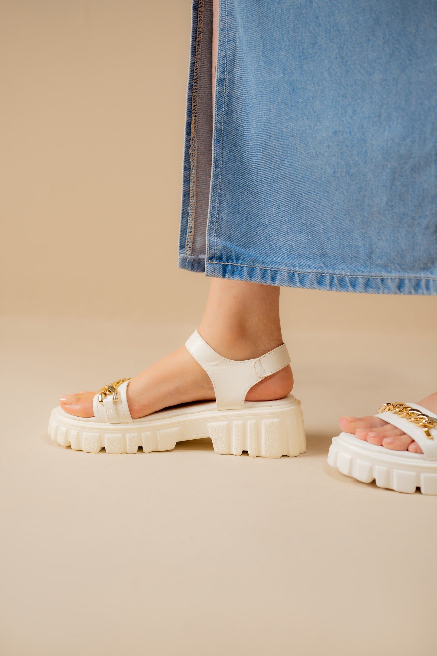 White Black Chunky Sandals with Chain Detail