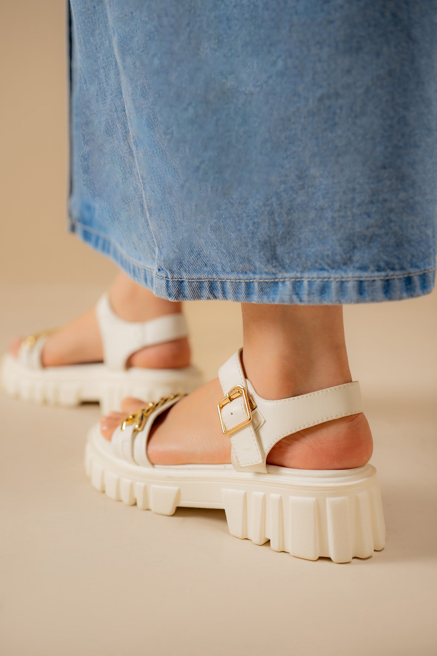 White Black Chunky Sandals with Chain Detail