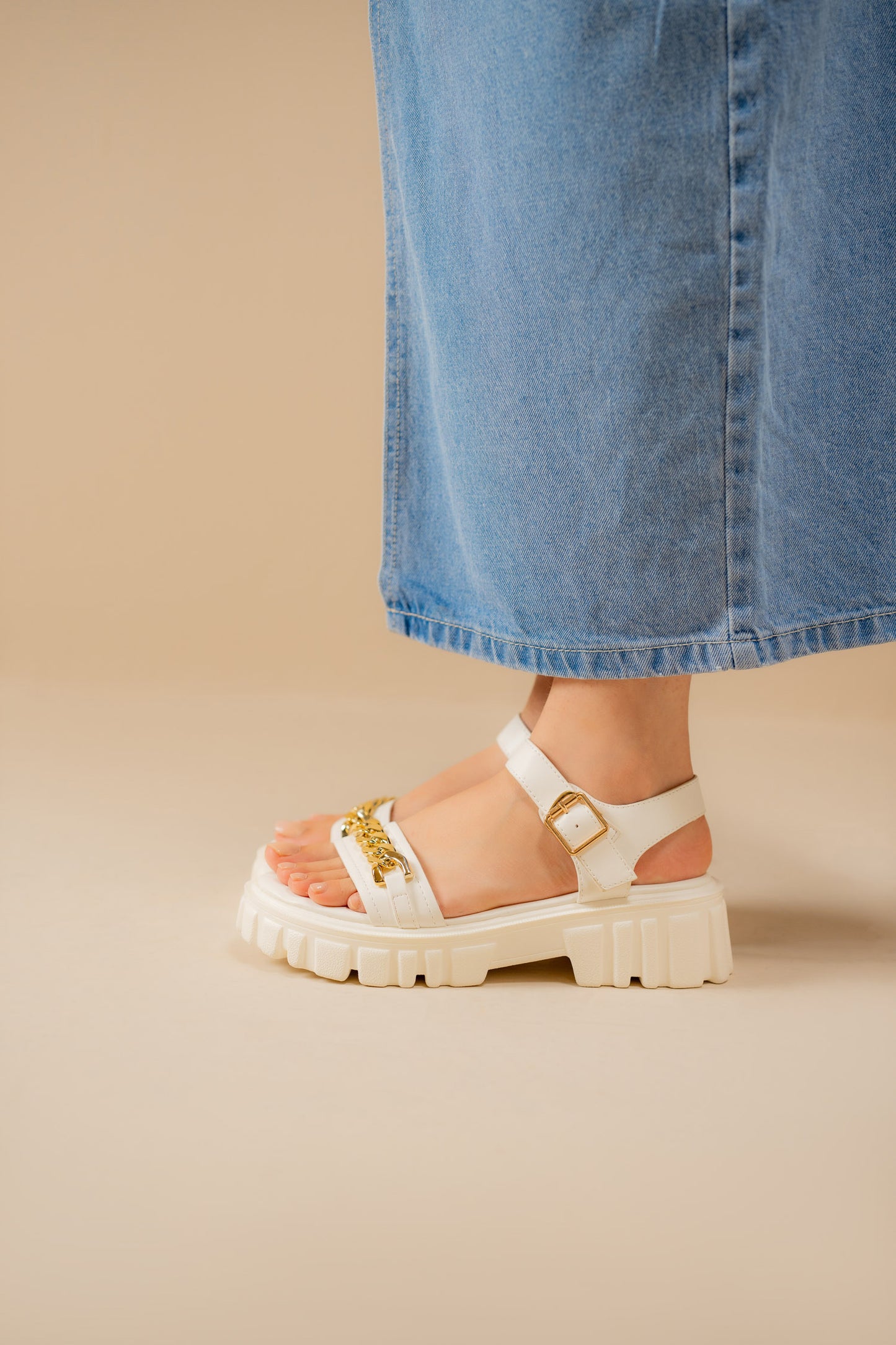 White Black Chunky Sandals with Chain Detail