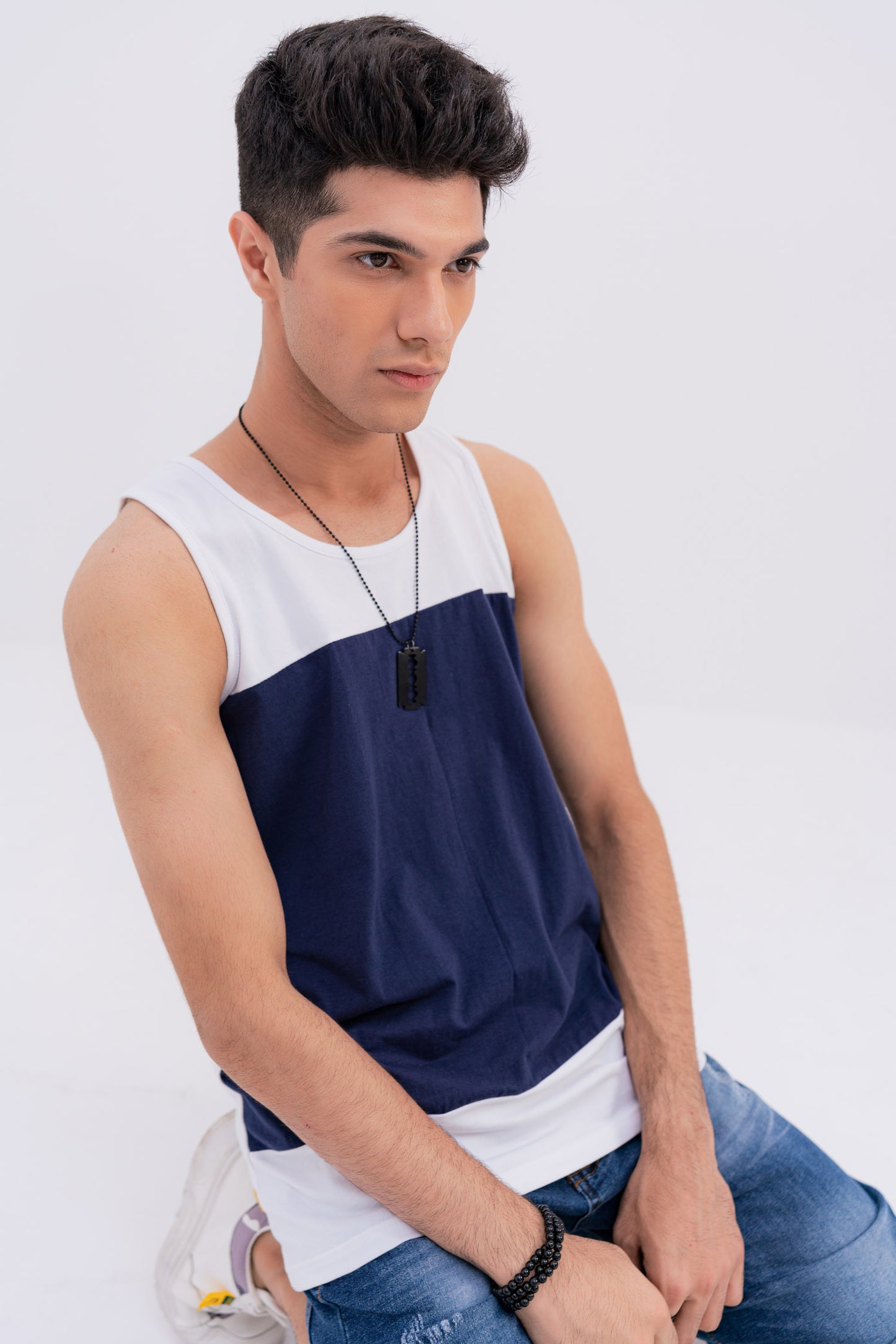 White and Navy Sleeveless Vest