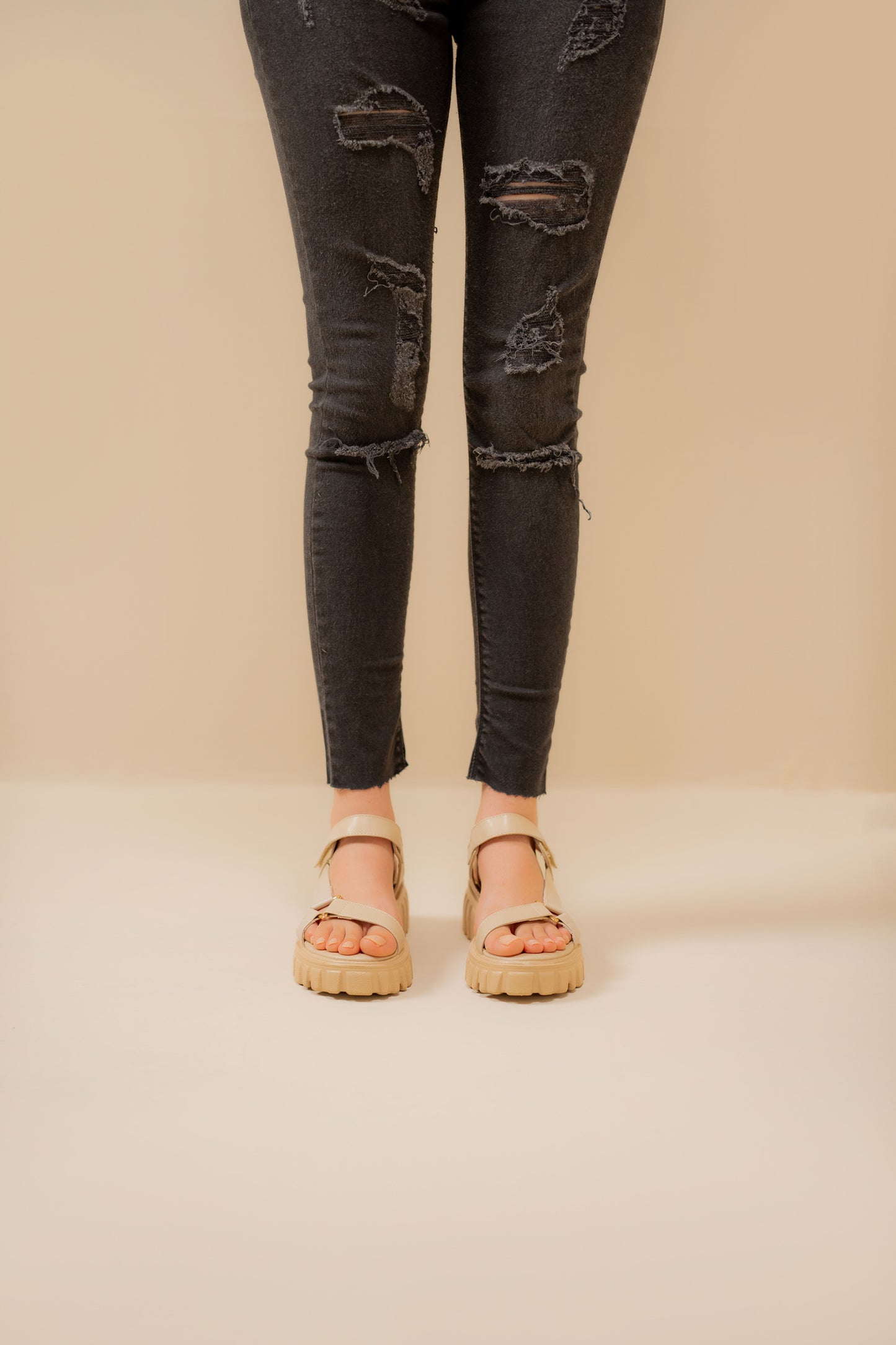 Beige Chunky Sandals with Track Sole