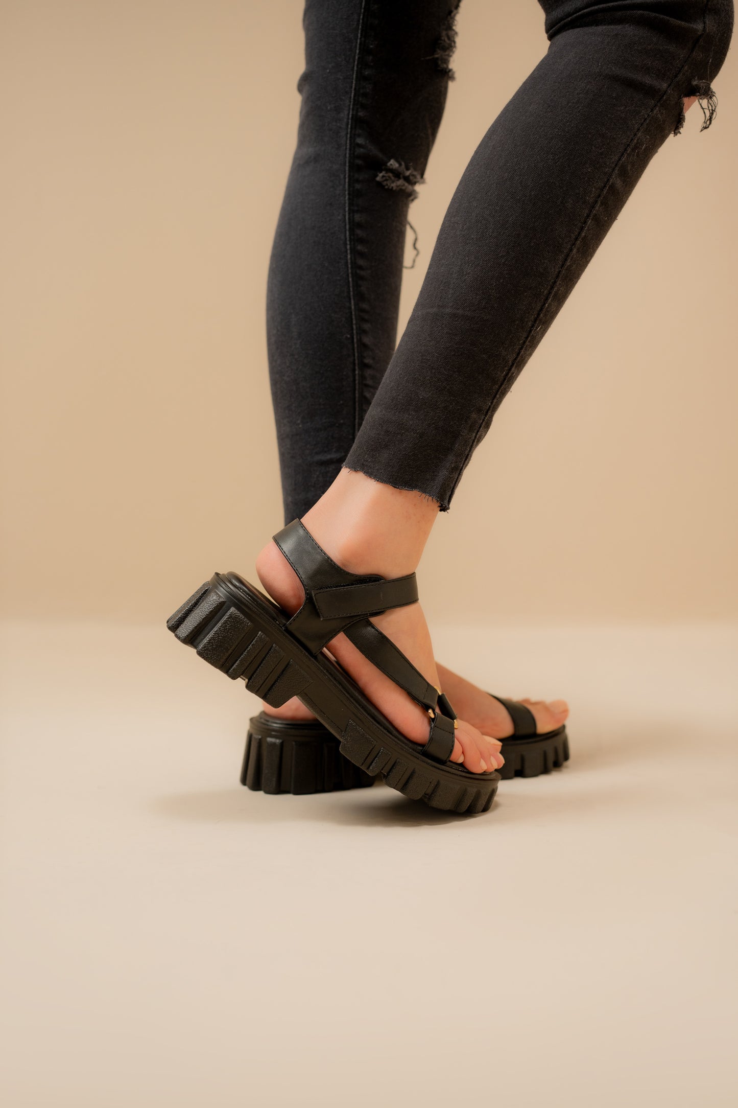 Black Chunky Sandals with Track Sole
