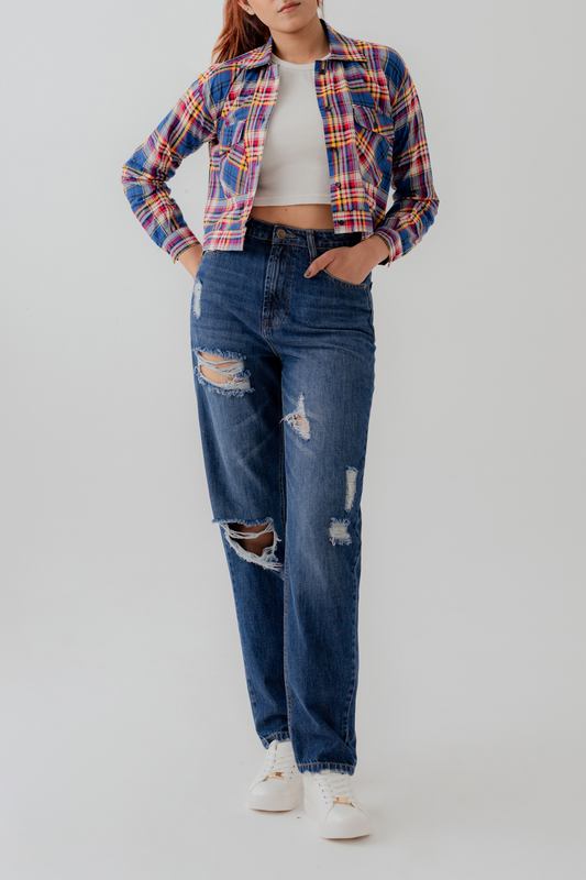 Cotton Checks Relaxed Fit Crop Button Down Shirt - Hustle N Holla