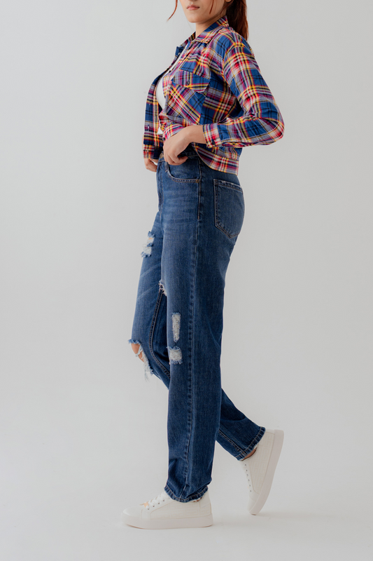 Cotton Checks Relaxed Fit Crop Button Down Shirt - Hustle N Holla