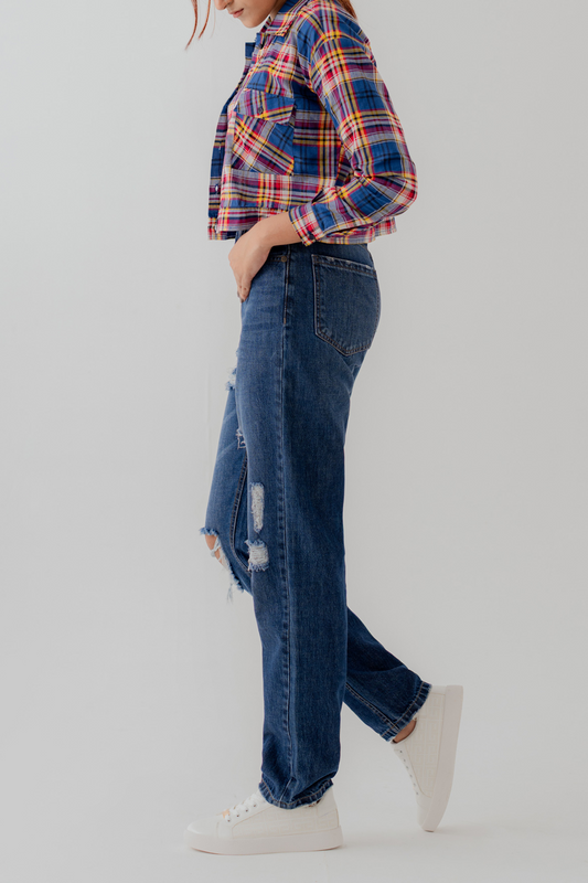 Cotton Checks Relaxed Fit Crop Button Down Shirt - Hustle N Holla