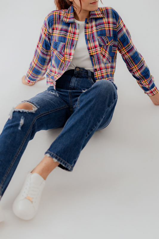 Cotton Checks Relaxed Fit Crop Button Down Shirt - Hustle N Holla