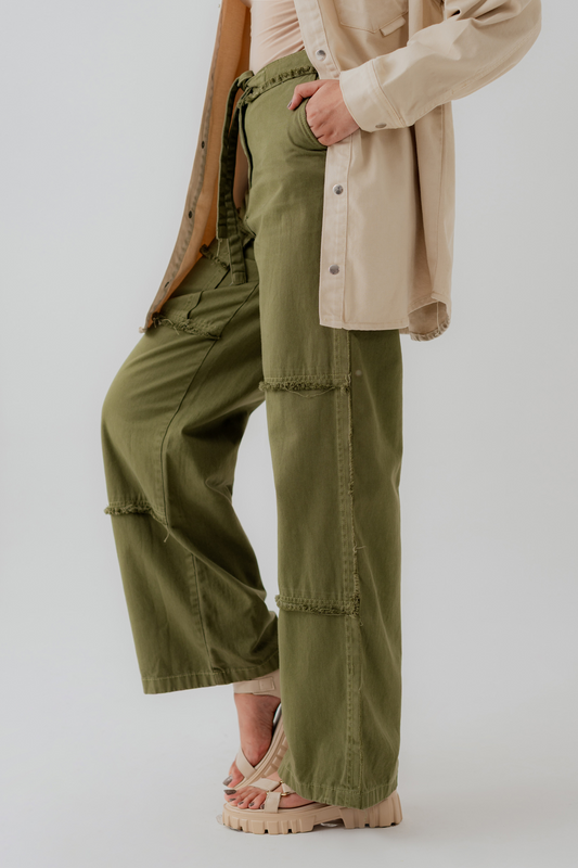 Olive Twill Wide Leg Cargo Pockets Pants - Hustle N Holla