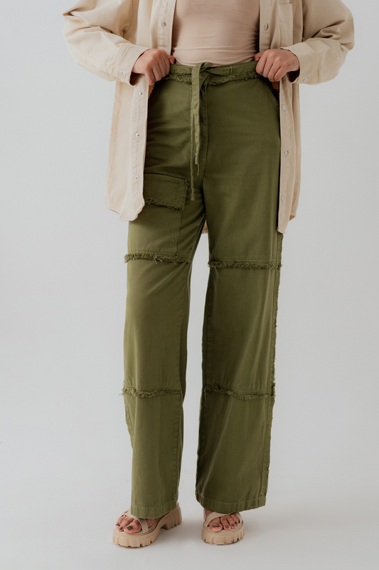 Olive Twill Wide Leg Cargo Pockets Pants - Hustle N Holla