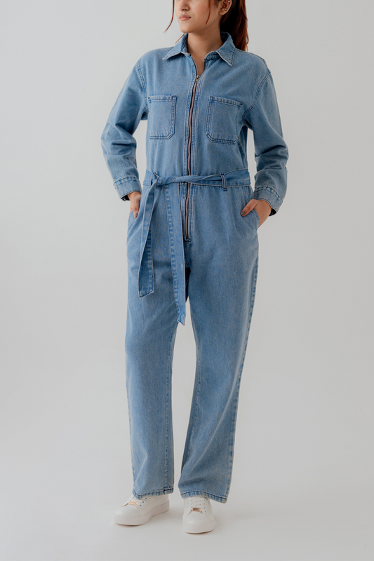 Light Wash Belted Denim Jumpsuit - Hustle N Holla