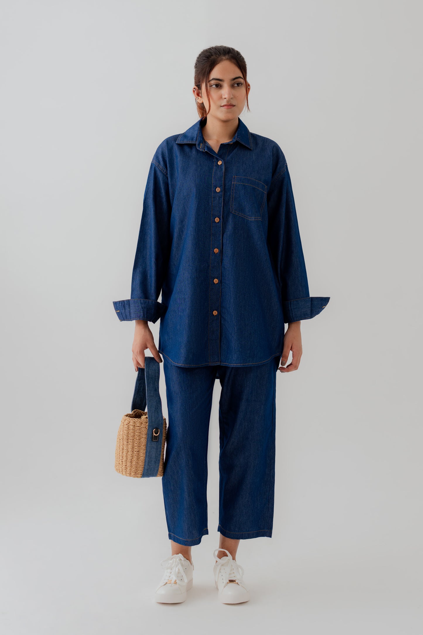 Dark Wash Chambray Wide Leg Trousers - Hustle N Holla