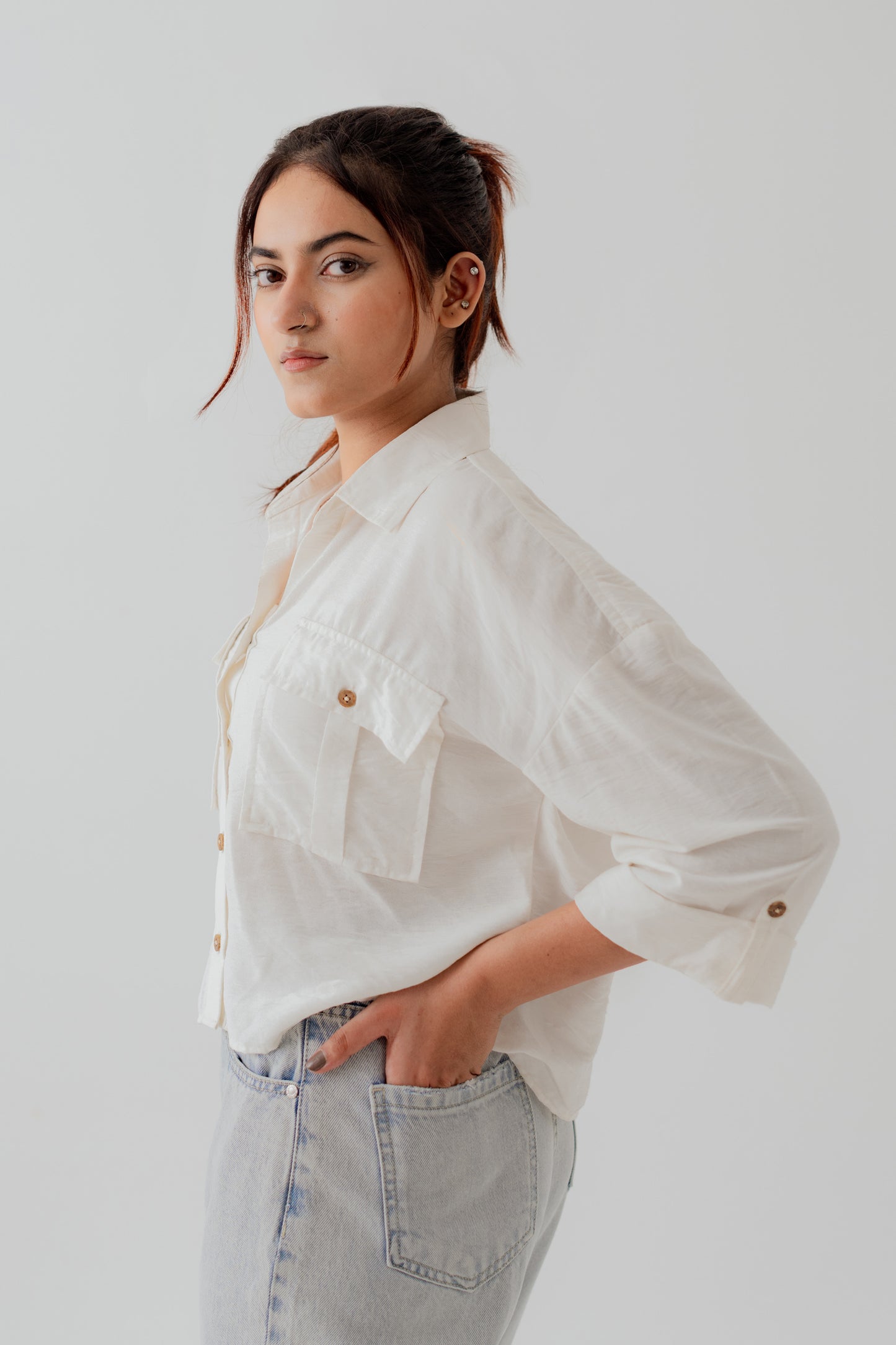 White Cotton Relaxed fit Crop Button Down Shirt - Hustle N Holla