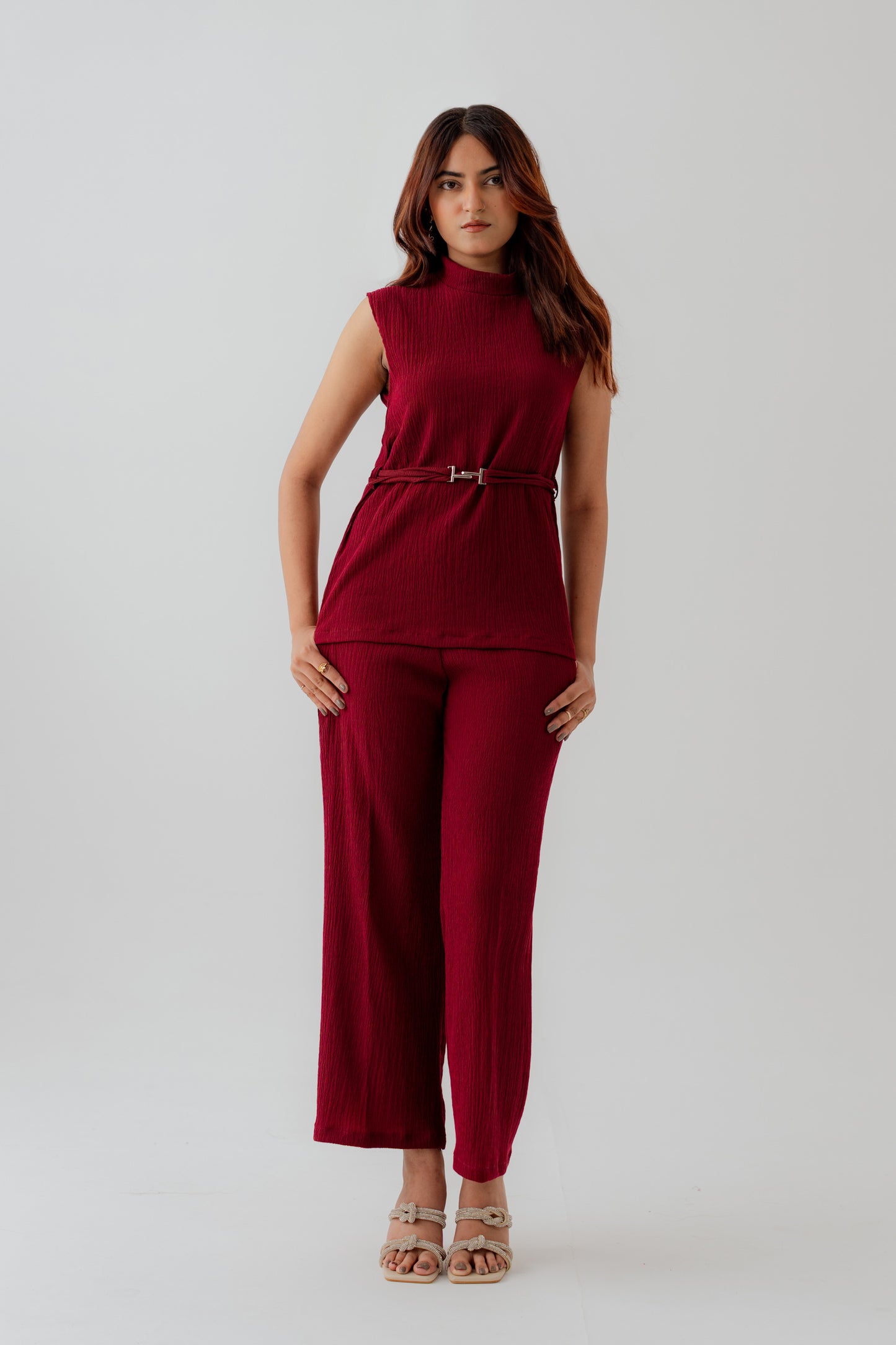 Burgundy Crinkled High Neck Regular Fit Top - Hustle N Holla