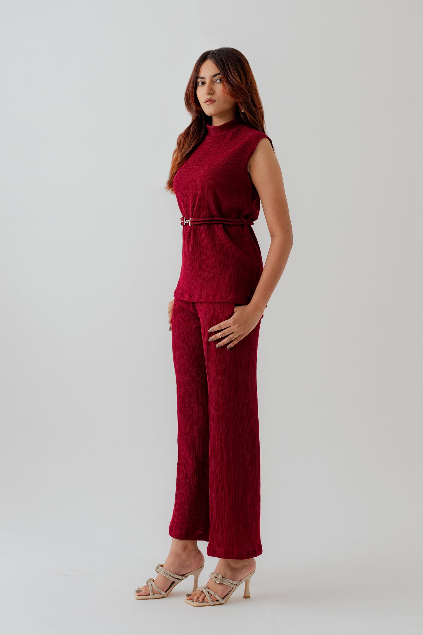 Burgundy Crinkled High Neck Regular Fit Top - Hustle N Holla