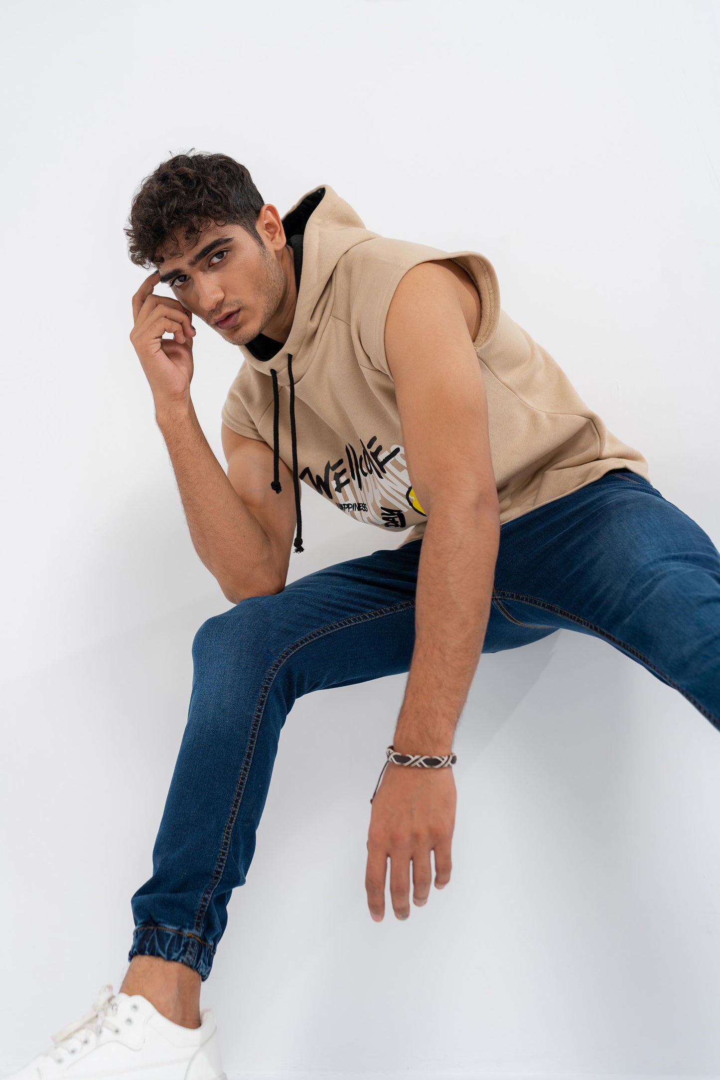 Beige Sleeveless Hoodie