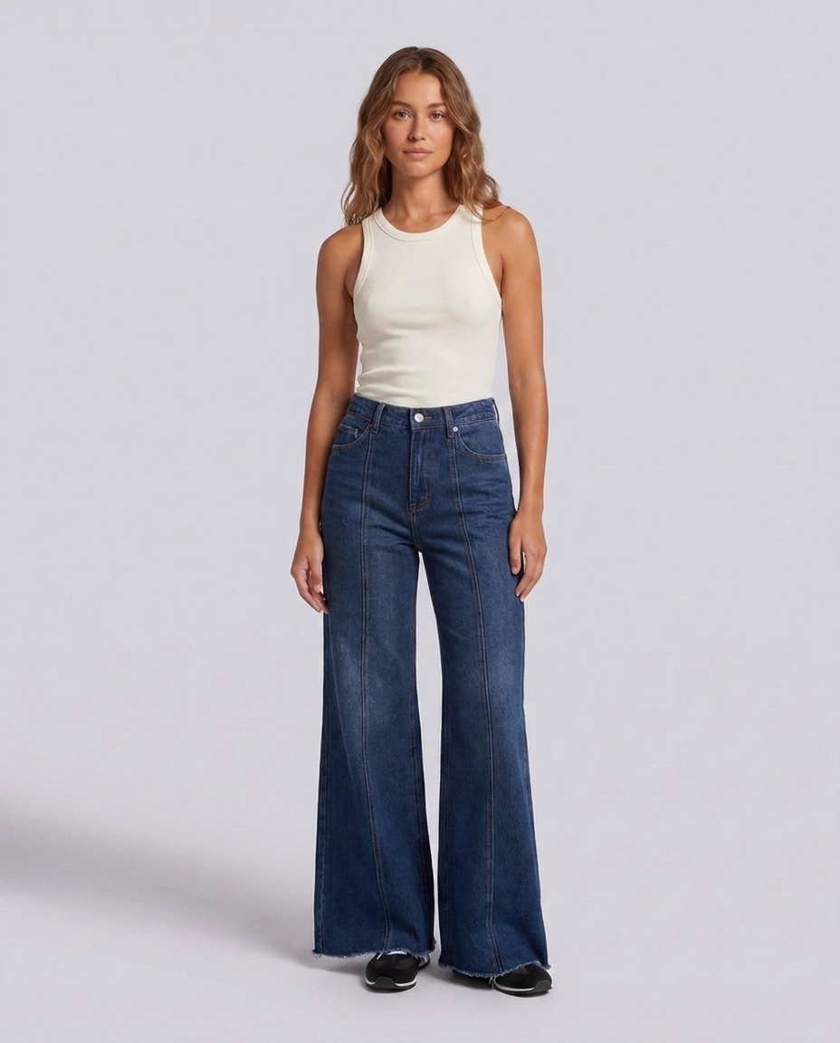 Front Seam Wide Leg Dark Blue Jeans