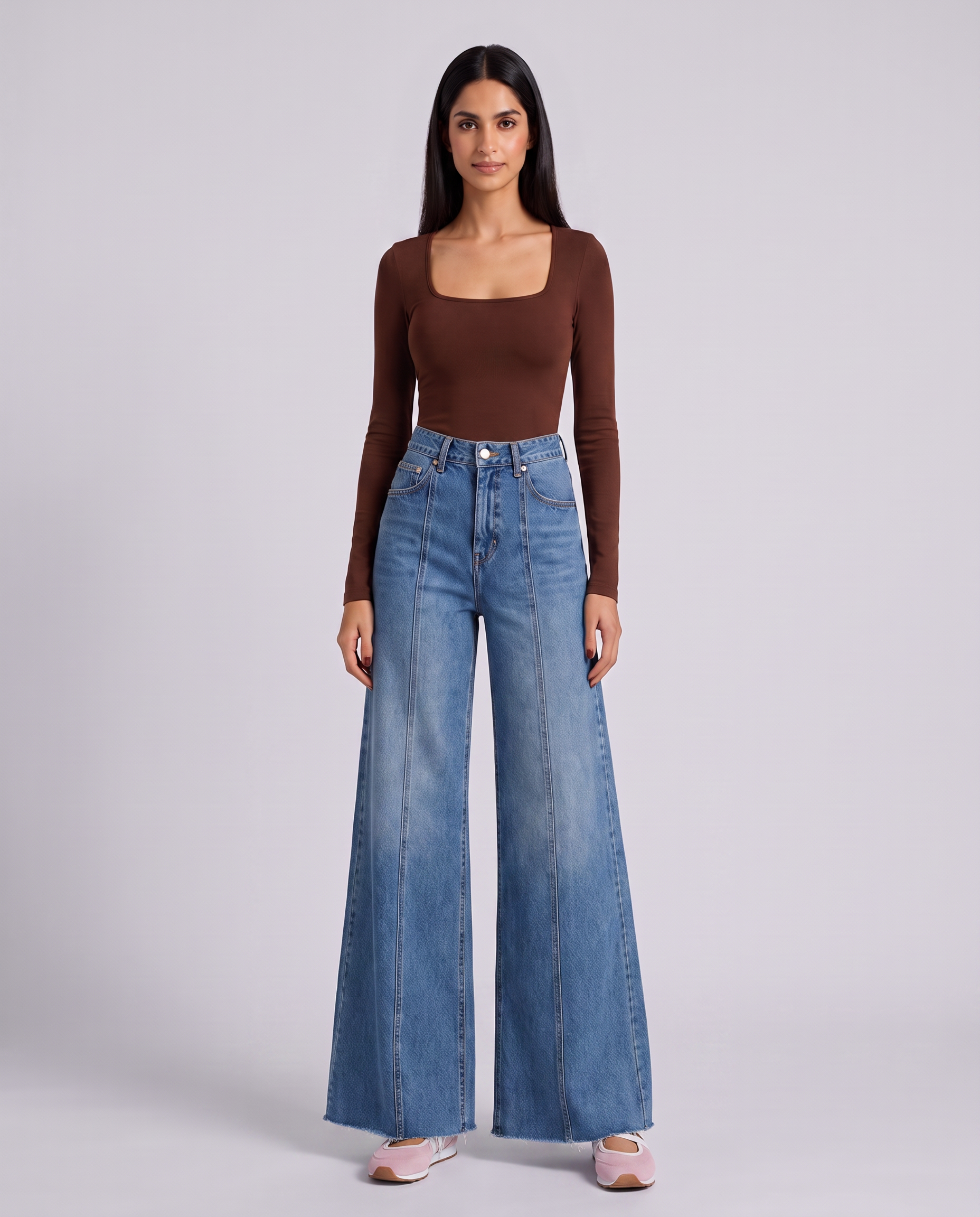 Front Seam Wide Leg Mid Wash Jeans