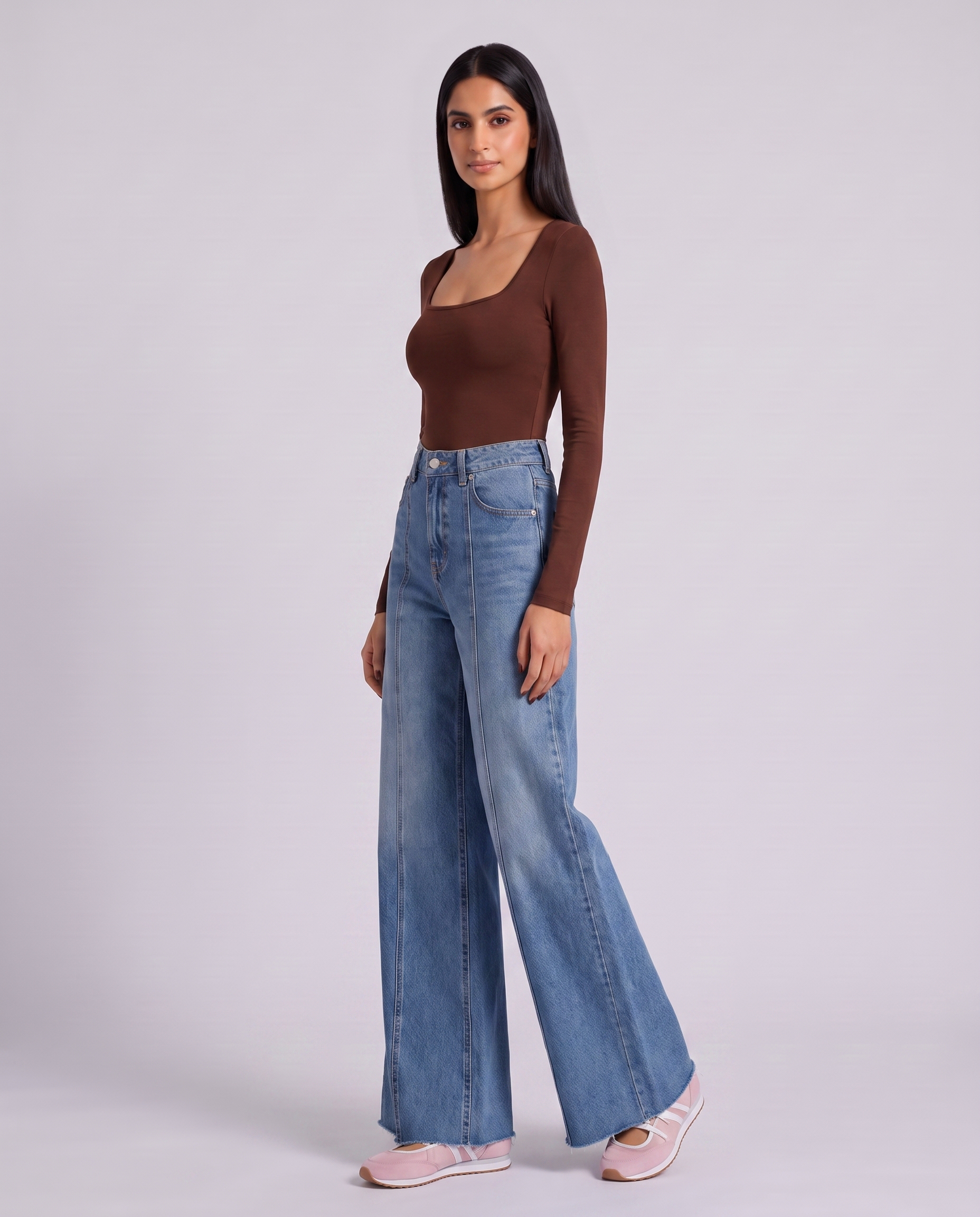 Front Seam Wide Leg Mid Wash Jeans - Hustle N Holla