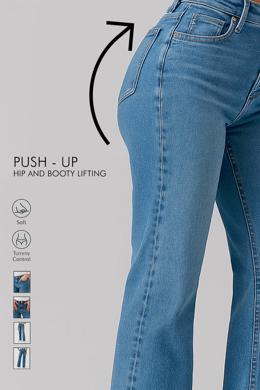 TUMMY SHAPER Blue Mid Wash Flared Jeans - Hustle N Holla