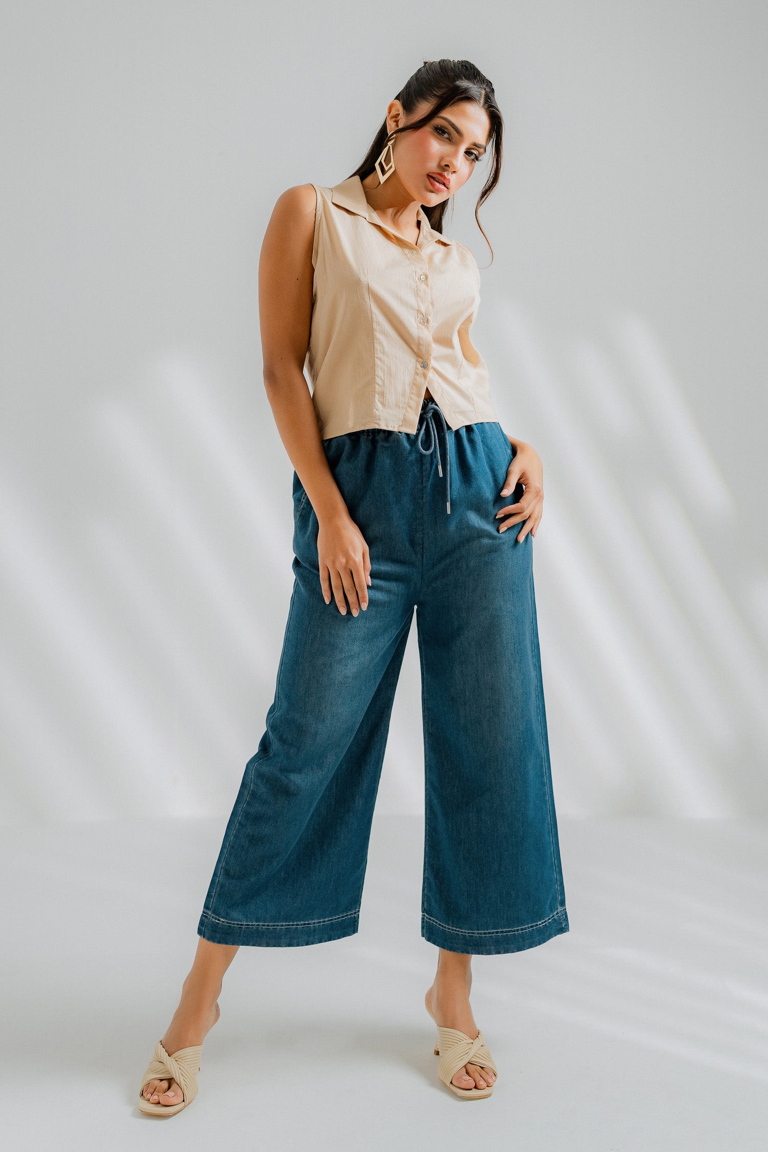 Chambray Cropped Wide Leg Pants