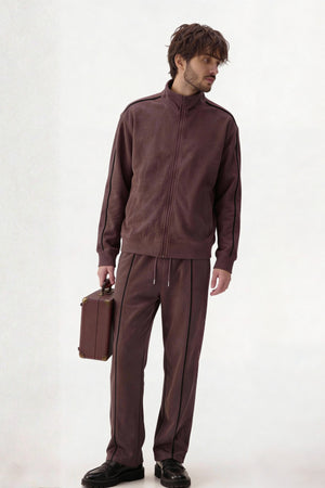 Brown Textured Regular Fit Mock Neck Zipper - Hustle N Holla