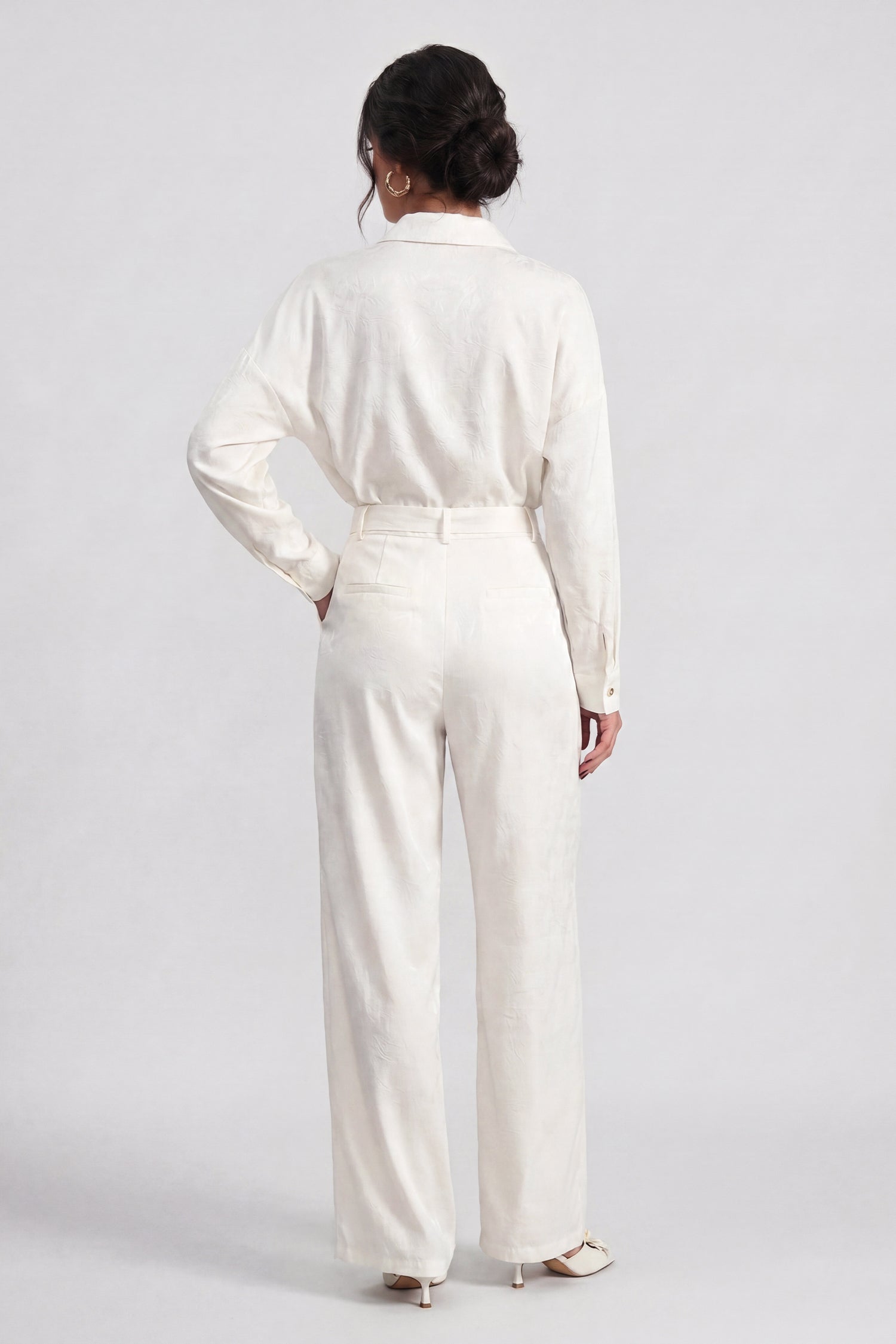 White Pearl Textured Wide Leg Tailored Trousers - Hustle N Holla