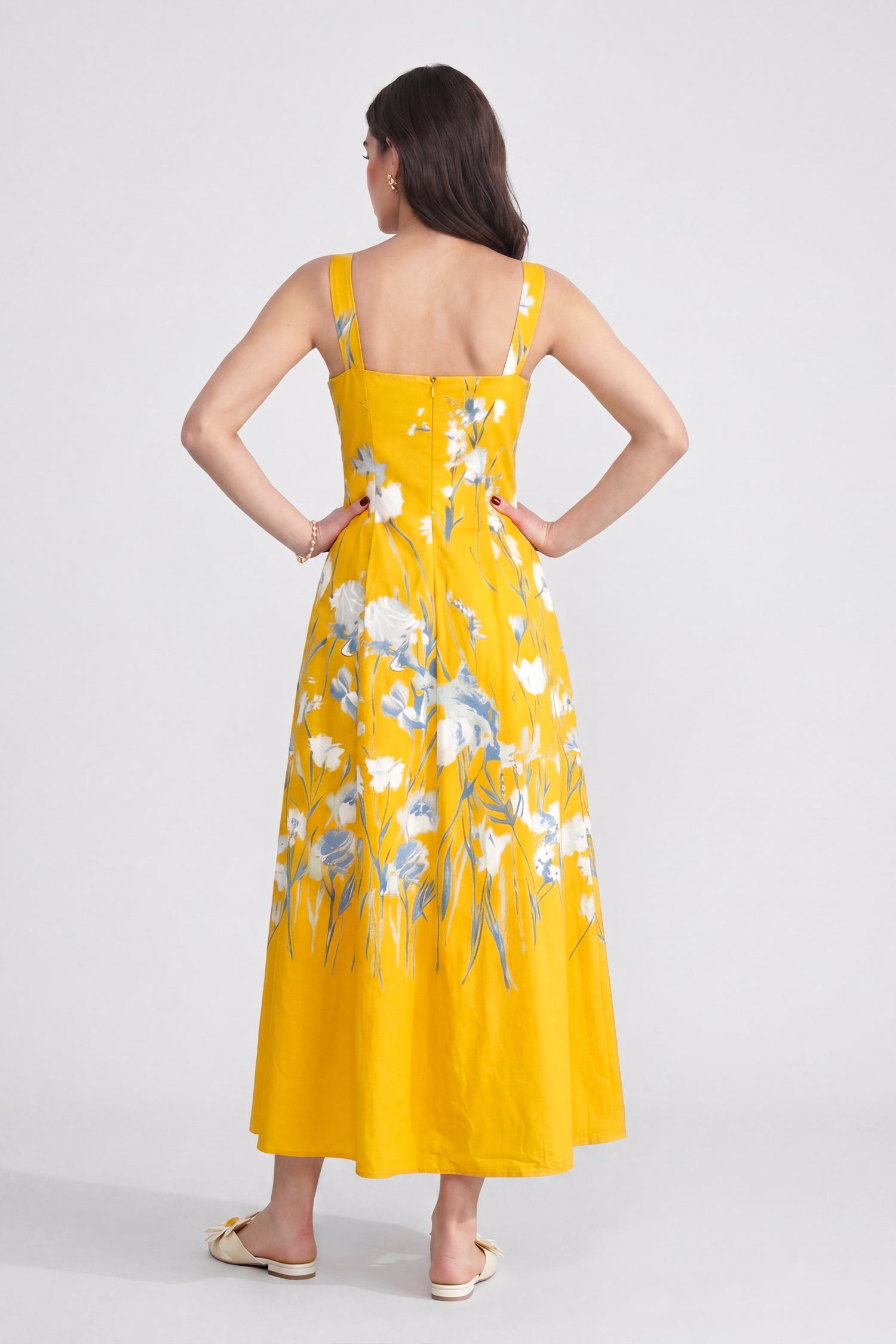 Yellow Floral Printed Square Neck Wide Strap Evening Dress - Hustle N Holla