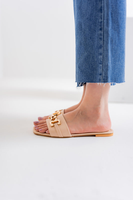 Beige Buckle Flats