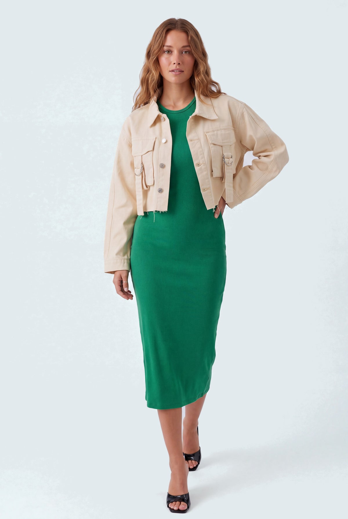 Beige Cropped Cargo Denim Jacket - Hustle N Holla