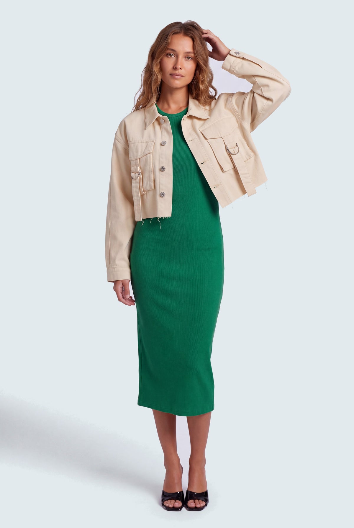 Beige Cropped Cargo Denim Jacket - Hustle N Holla