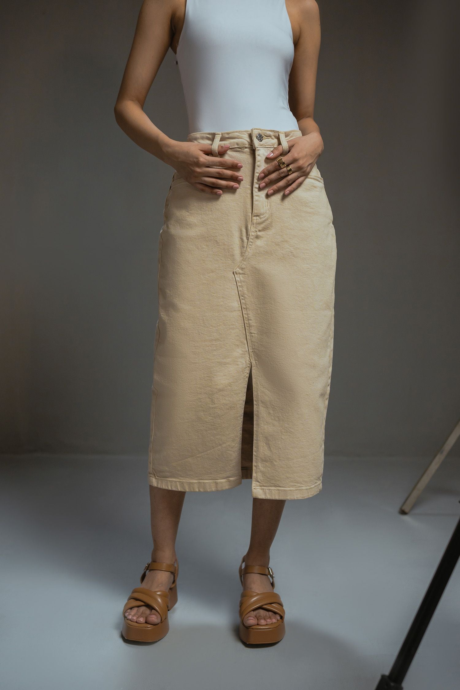 Beige Midi Skirt - Hustle N Holla