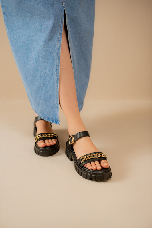 Black Chunky Sandals with Chain Detail