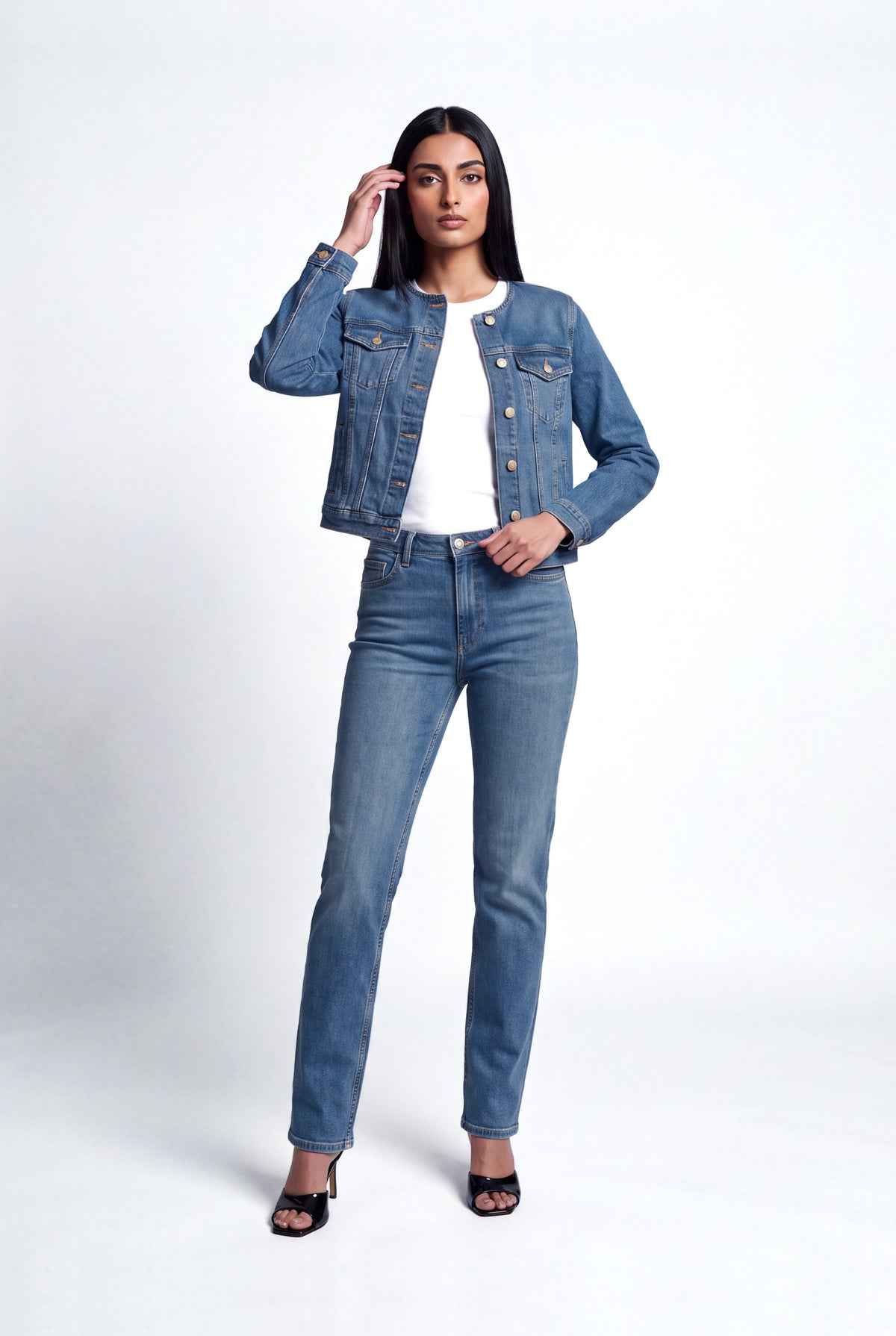 Blue Collarless Panelled Jacket - Front - Hustle N Holla