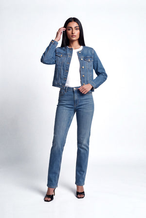 Blue Collarless Panelled Jacket - Hustle N Holla