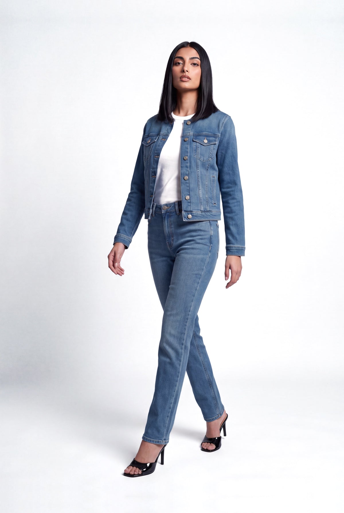 Blue Collarless Panelled Jacket - Front - Hustle N Holla