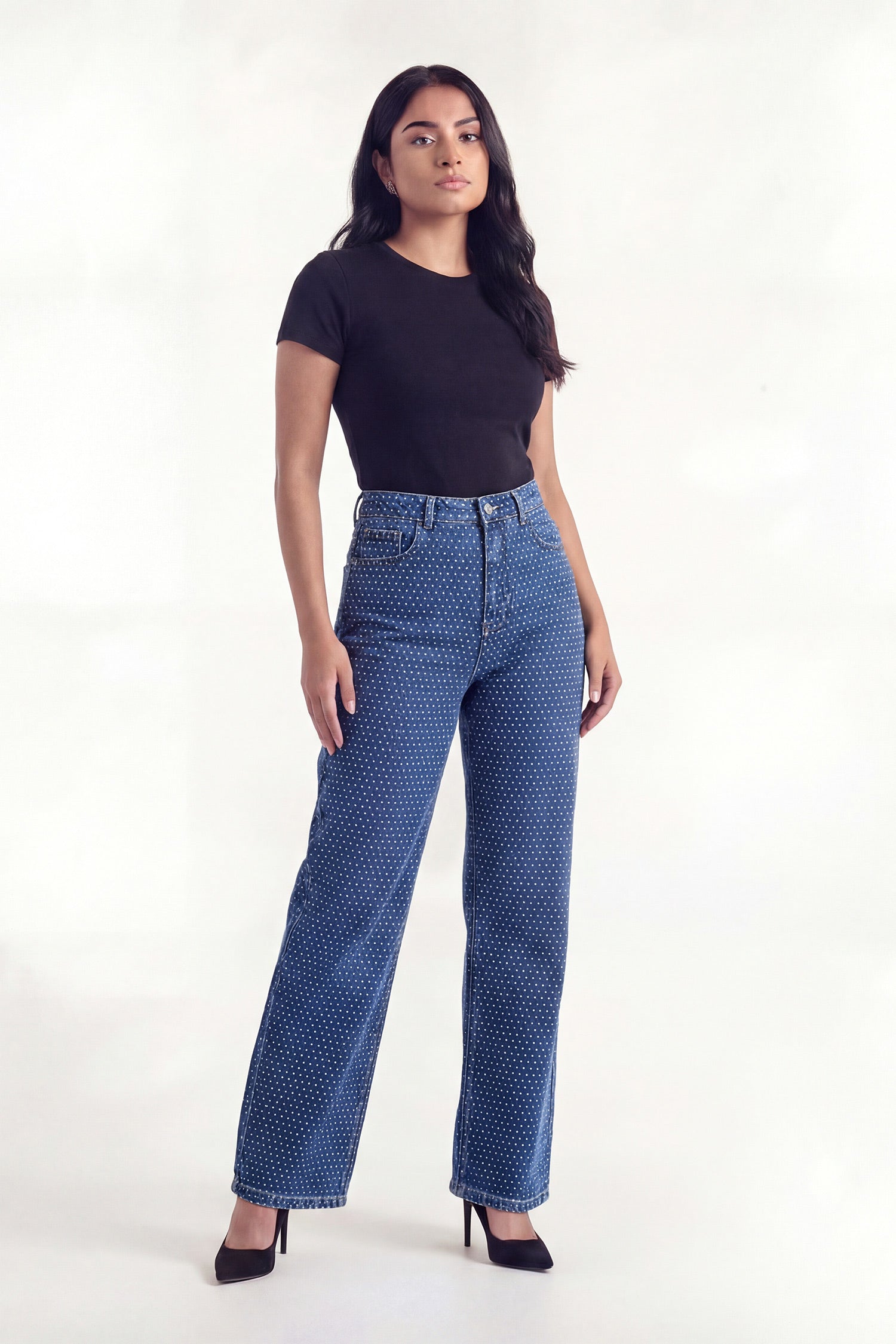 Blue Mid Wash Wide Lege Rhinstones Jeans - Hustle N Holla