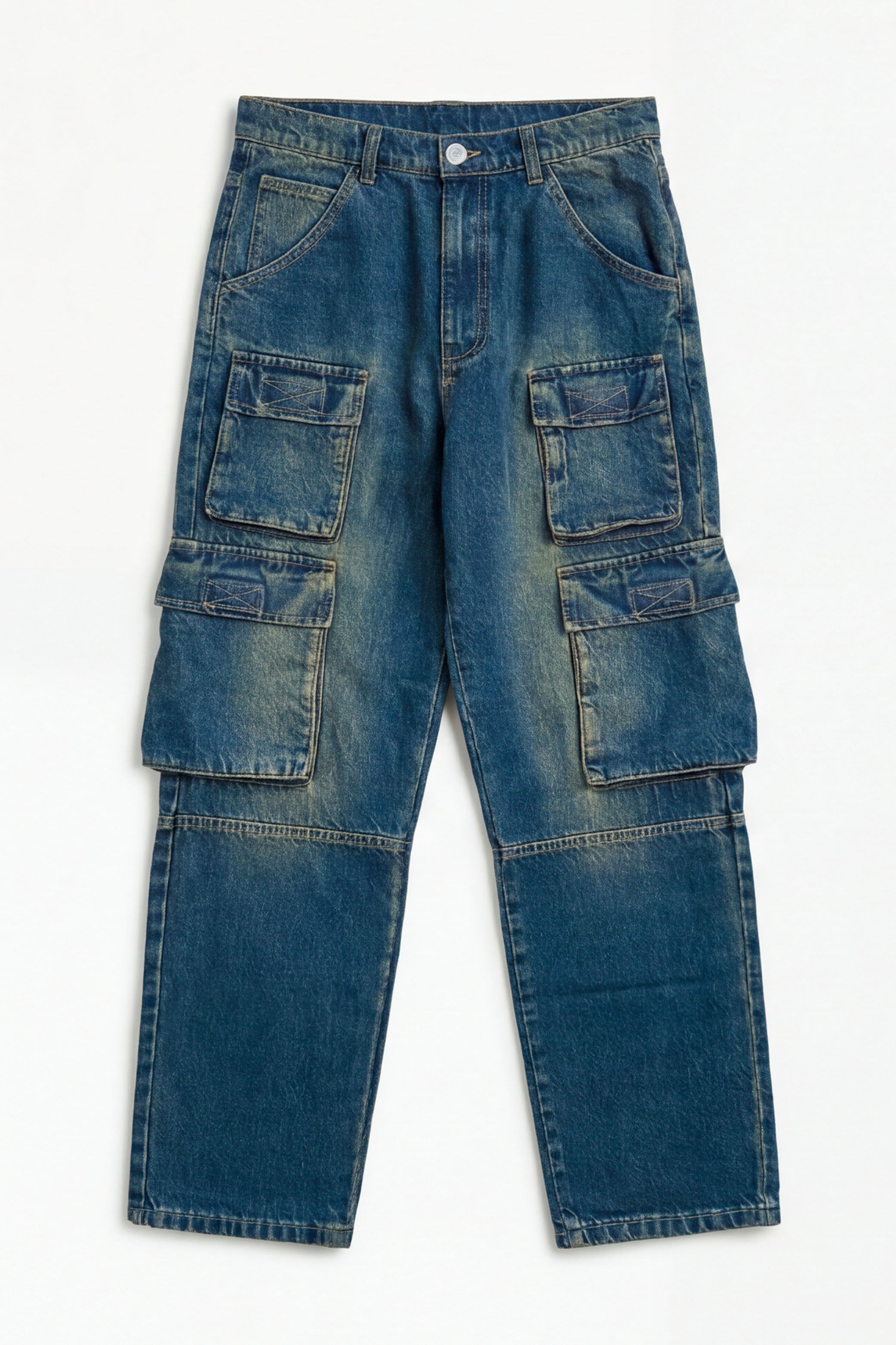 Blue Vintage Washed Utility Cargo Denim Jeans