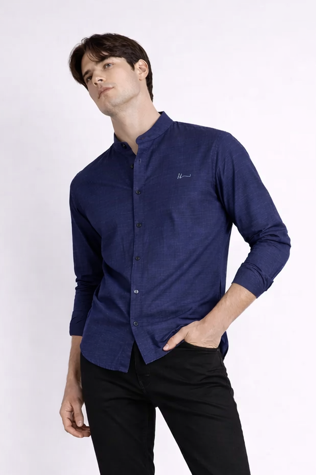 Navy Blue Band Collar Relaxed Fit Cotton Shirt - Hustle N Holla