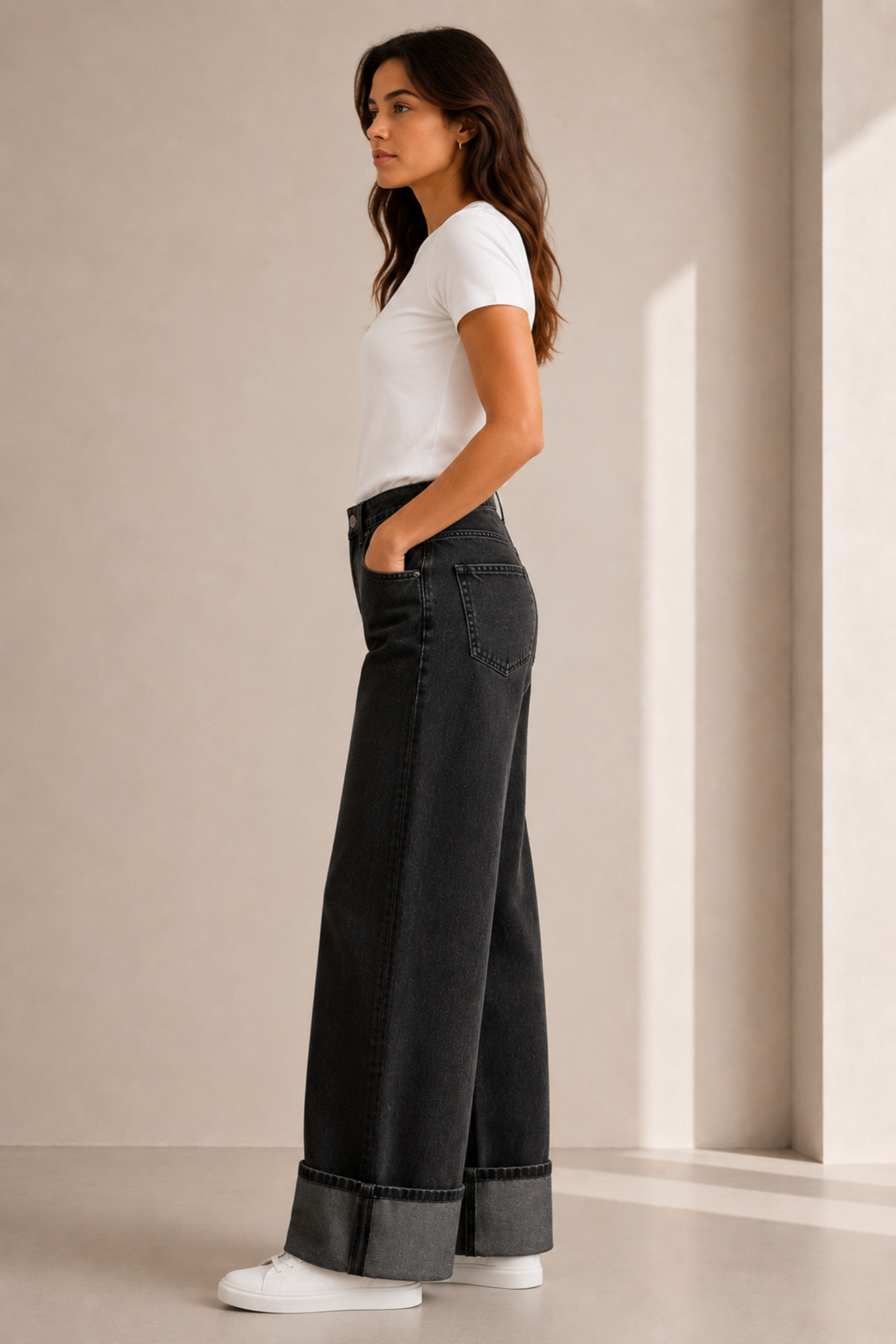 Fold Up Hem Charcoal Wide Leg Jeans - Hustle N Holla