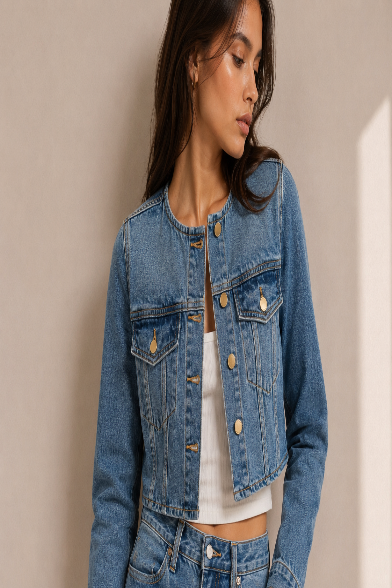 Blue Collarless Panelled Jacket - Hustle N Holla