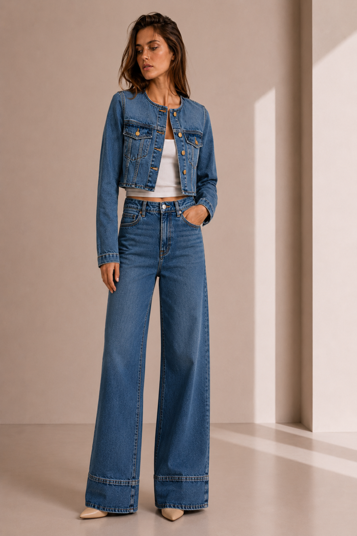 Blue Collarless Panelled Jacket - Hustle N Holla