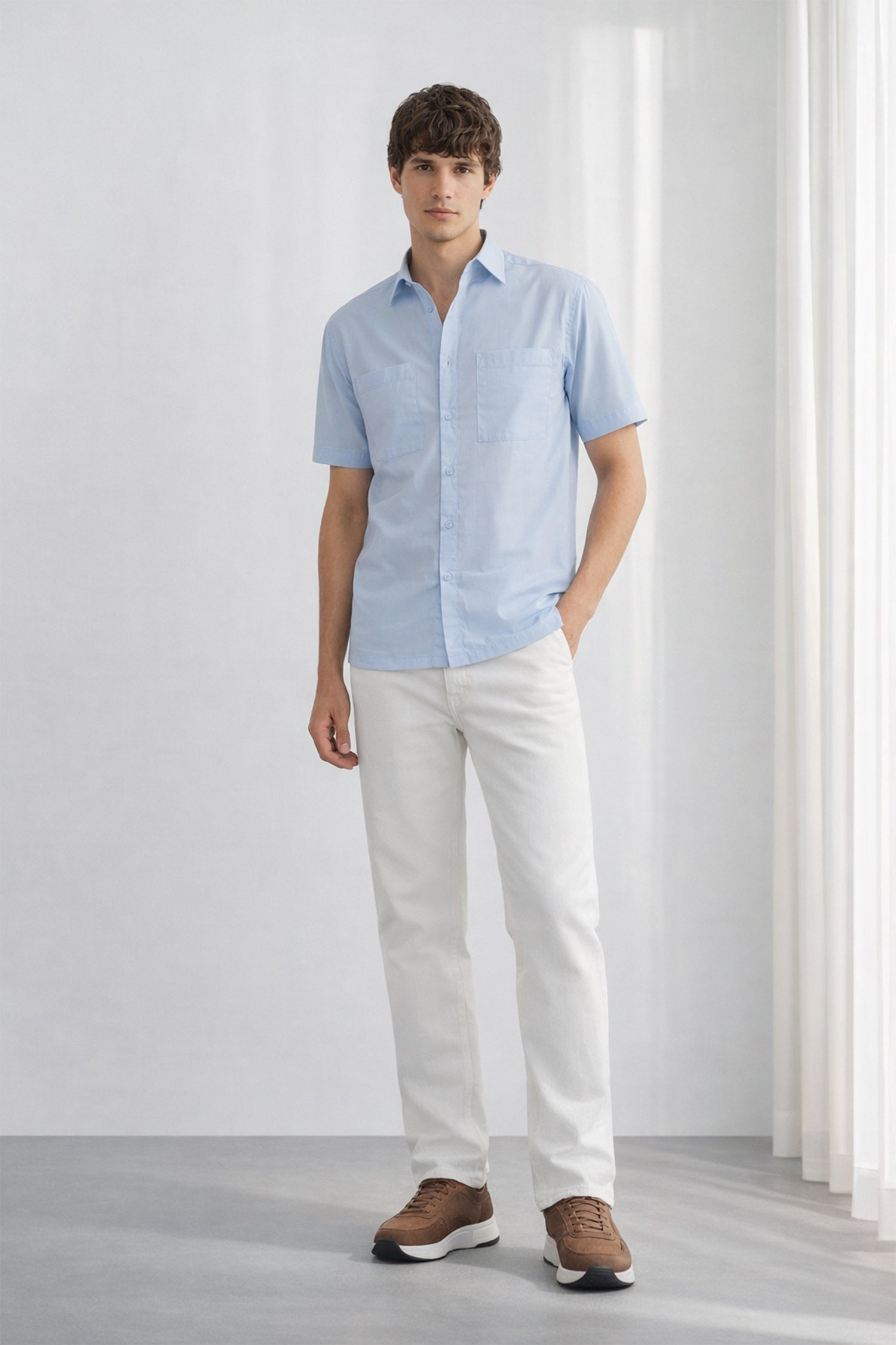 Light Blue Relaxed Fit Button Down Cotton Shirt