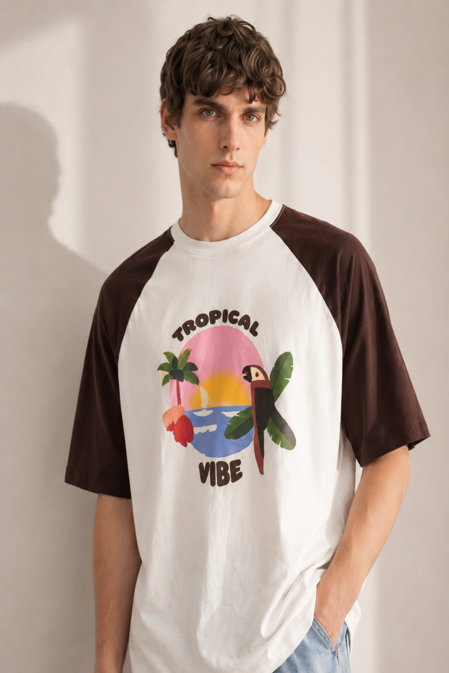 White & Reddish Brown Raglan Boxy Graphic T-Shirt - Hustle N Holla